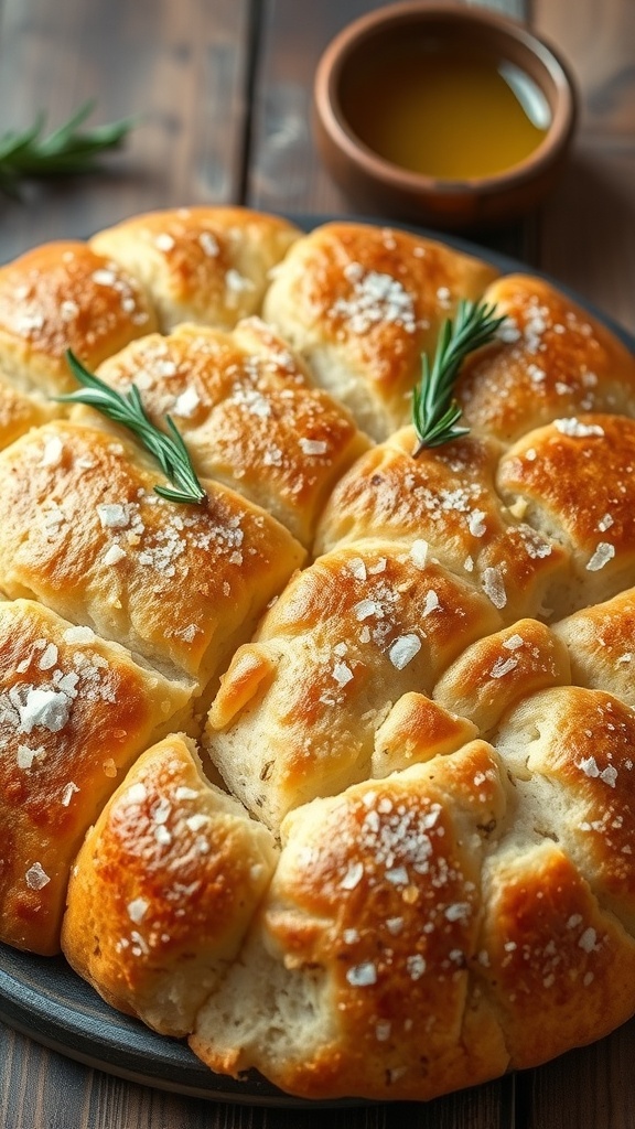 Quick Focaccia Bread Recipe Golden brown focaccia bread topped with rosemary and sea salt, served with olive oil on a rustic table.